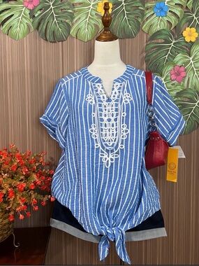 Ruby Rd Blue White Striped Short Sleeve Blouse Tie Front Embroidered SZ 1X NWT